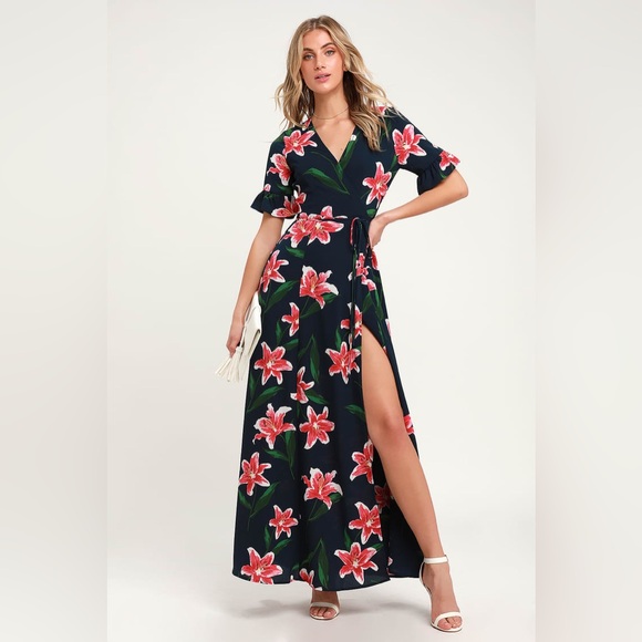 Lulus Stargazer Lily Navy Blue Floral Print Maxi Wrap Dress - Picture 5 of 8